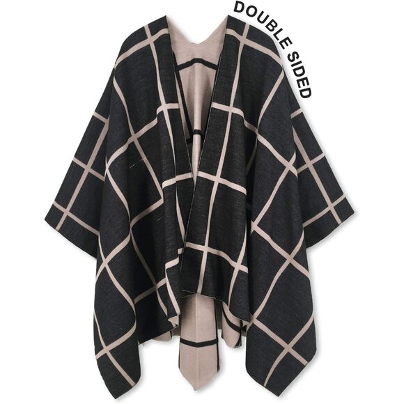 Women Shawl Wrap Poncho Ruana Cape Open Front Cardigan Fall Winter Black Khaki - Picture 8 of 8